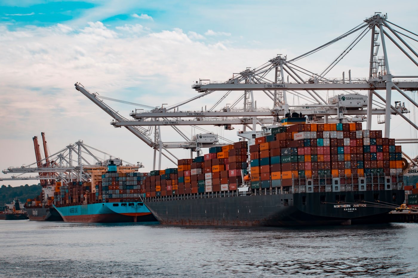 Container ships being unloaded at port cranes